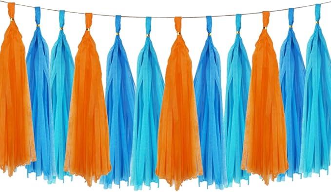 Blue and Orange Tassel Garland Paper Tissue Tassels Garland for Party Decorations, Pack of 15