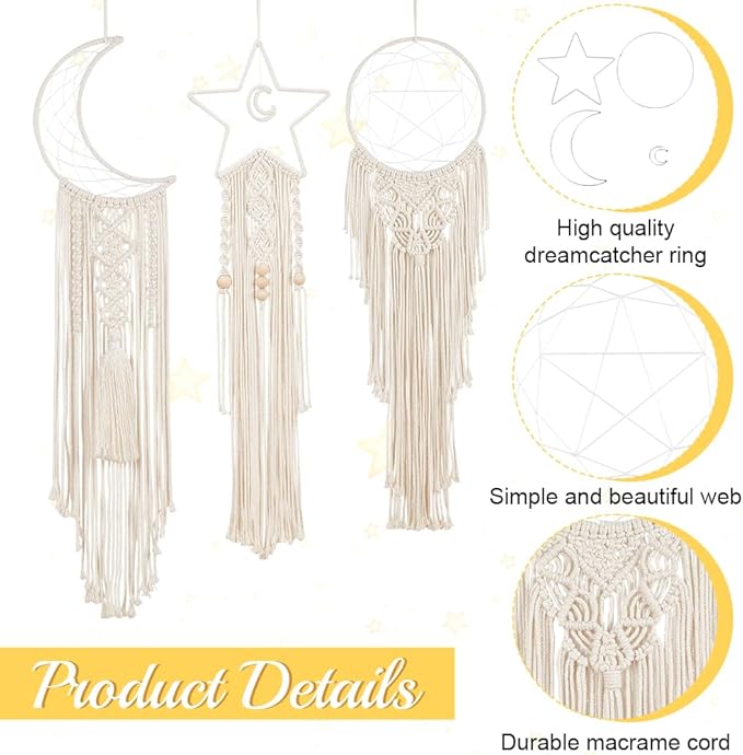 Macrame Kits for Adults Beginners Easy 3 Set Moon Star Craft Kits DIY Dream Catcher Kit with Instructions Video Macrame Wall Hanging Supplies Dream Catcher Kit for Room Wall Decoration