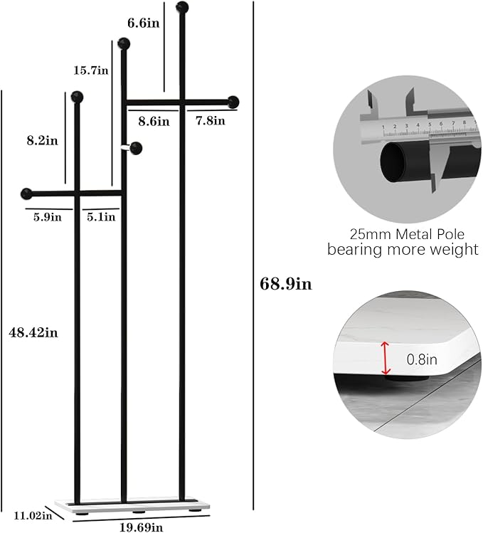 Modern Coat Racks with Marble Base Heavy Duty Clothes Rack Metal Coat Tree for Clothes Hats Scarfs Totes-19.7''L, BLACK