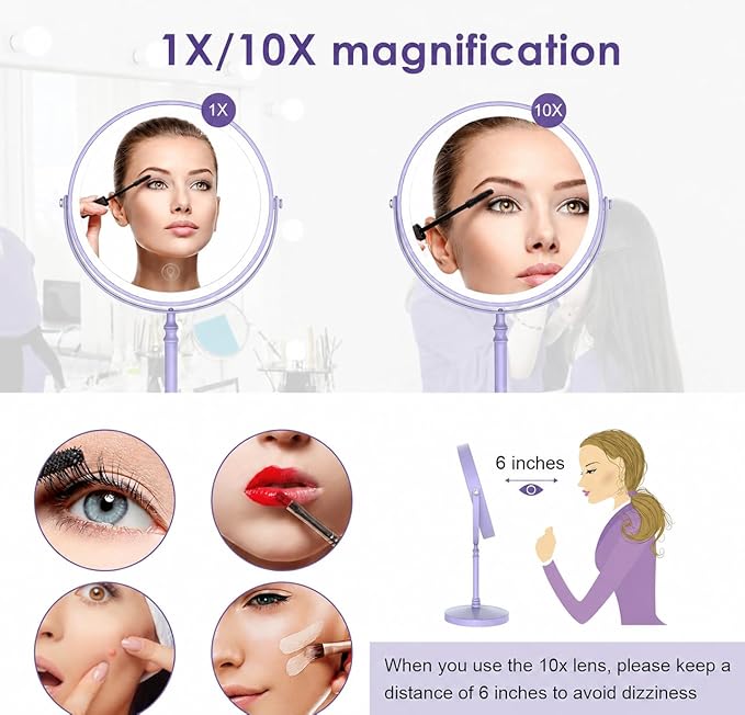 DEIOVWXS Makeup Mirror, 3000mAh Rechargeable Double-Sided Magnifying Vanity Mirror with 3 Colors, 1X/10X, Adjustable Brightness, Gift for Mom, Mothers Day, Women, Wife, Girls, Dorm Room Essential