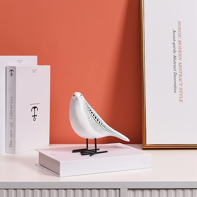 Quoowiit Bird Figurine, Modern Sculpture and Statues for Home Decor, Animal Statues for Bookshelf, Table, Entryway, Fireplace, Resin Decorative Sculpture with Chic Polka Dots Art Design (White)