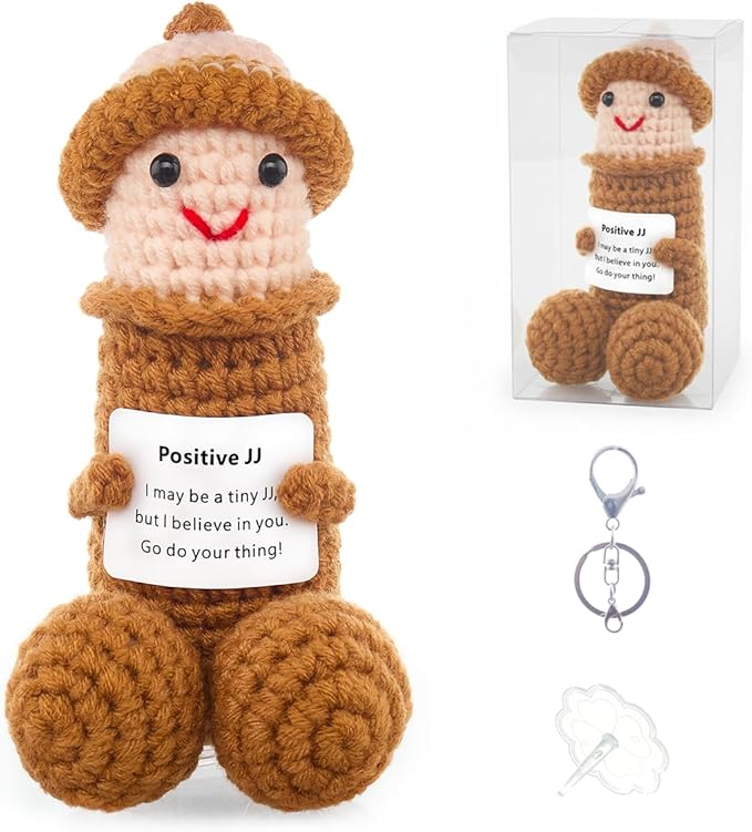 Funny Positive Crochet Animals Gag Doll Emotional Support Stuffed plushies for Adult Men Women,Weird Things Motivational White Elephant Christmas Gift(Brown JJ with Hat)