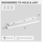 Homeforia White Floating Shelves 42 inch, High End Solid Real Wood 42inch Floating Shelf for Wall Mounted, White Wooden 42in Long Floating Shelves, Heavy Duty Bracket, 42 X 6.5 X 1.75 inches, Set of 3