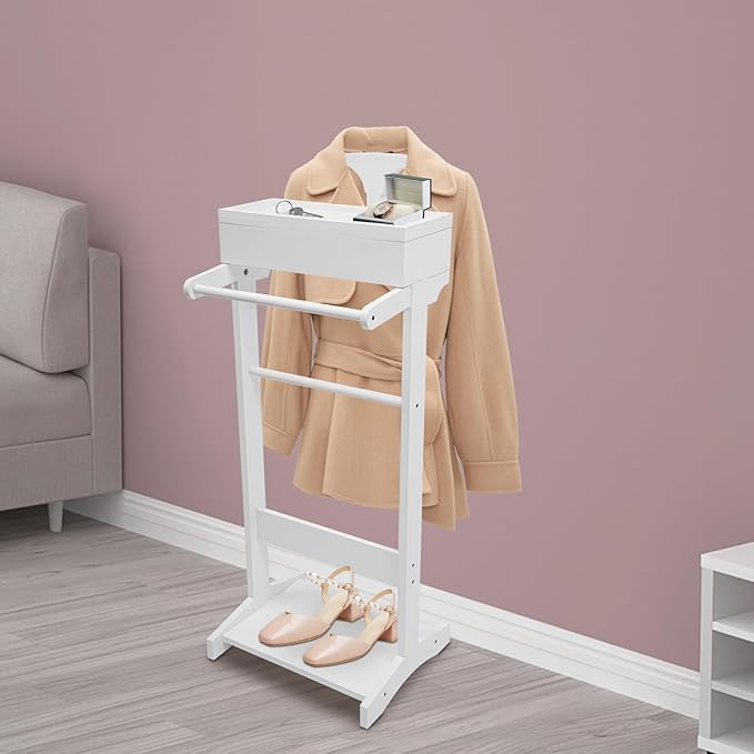Valet Stand for Men and Women, Wood Suit Rack, Freestanding Coat Stand, Valet Stand Clothing Rack Organizer, Contour Hanger, Trouser Bar, Tie & Belt Hooks for Entryway, Bedroom, Office (White)
