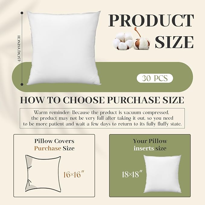 Soaoo Set of 30 Fluffy Throw Pillows Insert Bulk 18 x 18 Inches White, Filled in 400g Polyester Fiber, Decorative Square Pillow for Couch Sofa Bed and Party Supplies