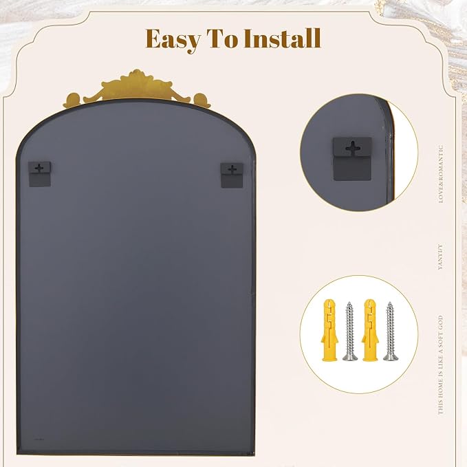 VooBang Vintage Arched Bathroom Mirror, 26x38 Inch Retro Wall Mounted Vanity Mirror with Carved Pattern Top and Metal Frame, Antique Decorative Mirror for Hanging or Leaning
