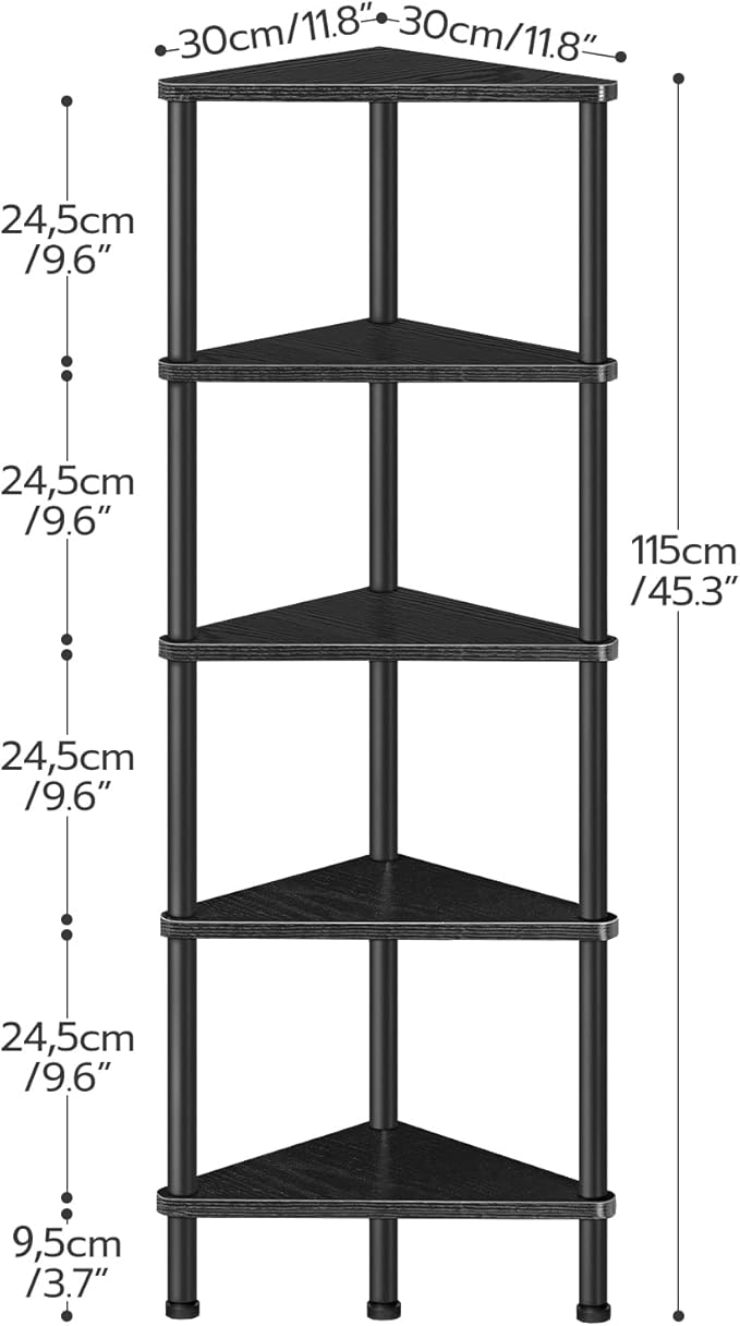 HOOBRO Corner Shelf Stand, Industrial 5-Tier Wall Corner Bookshelf with Metal Frame, Plant Display Shelf, Bookcase for Small Spaces, Bedroom, Living Room, Black BK33CJ01