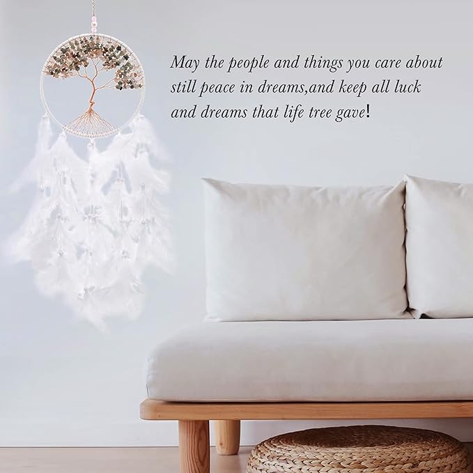 Pretty Jolly Pure White Tree of Life Dream Catcher Wall Decor with Healing Crystal Stone Handmade Feather Dream Catchers Decoration Wall Hanging Bedroom Living Room Wedding Party Home Decor-25.6"