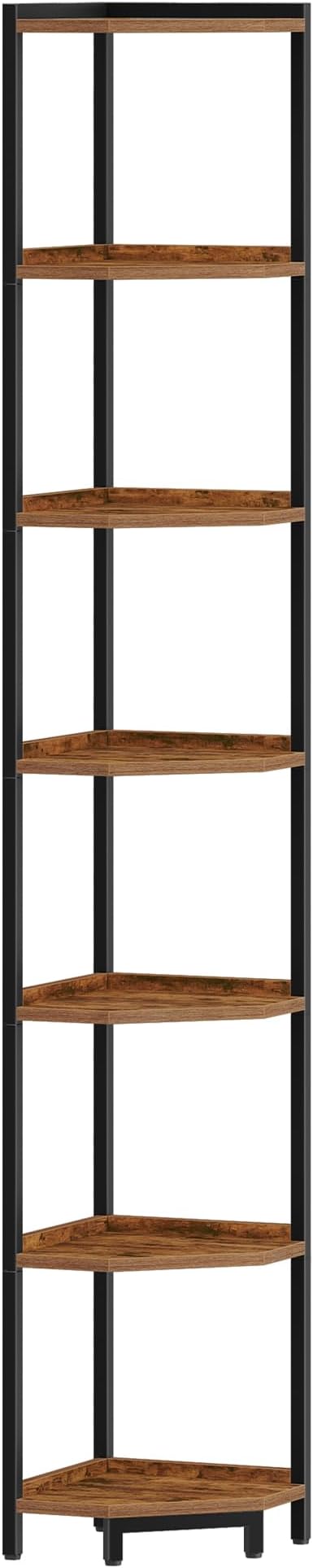 Hzuaneri Corner Shelf Stand, Corner Bookshelf, Storage Standing Shelf Unit with Metal Frame, Plant Stand, Bookcase for Living Room, Home Office, Bedroom, 7-Tier Rustic Brown CS07001B