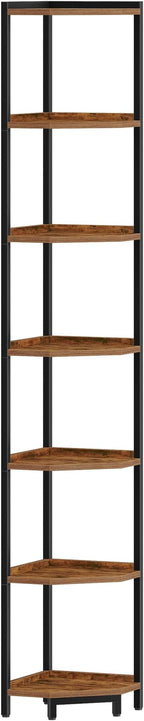 Hzuaneri Corner Shelf Stand, Corner Bookshelf, Storage Standing Shelf Unit with Metal Frame, Plant Stand, Bookcase for Living Room, Home Office, Bedroom, 7-Tier Rustic Brown CS07001B