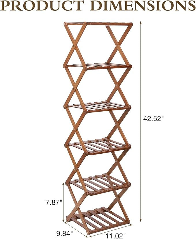 Bamboo Shoe Rack 6 Tier Foldable Shoe Rack Narrow Vertical Shoe Organizer Free Standing Shelf, Multifunctional Slim Storage for Entryway, Corner, Bedroom, Hallway, Walnut Color