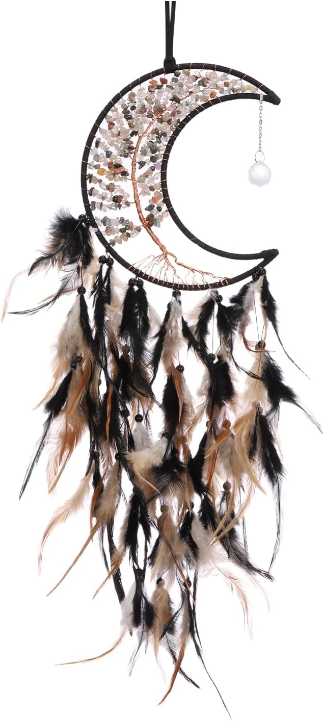 PATIKIL Crystal Life of Tree Dream Catchers, 28 Inch Feather Handmade Moon Dream Catchers with Gemstone Agate Stone Wall Hangings Decor for Home Wedding Bedroom Living Room, Black Yellow