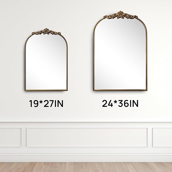 Ornate Baroque Vintage Gold Mirror - 19"X27" Arched Antique Brass Mirror with Full Metal Frame - Perfect for Entryway, Fireplace, Living Room, Hallway, or Bathroom Décor