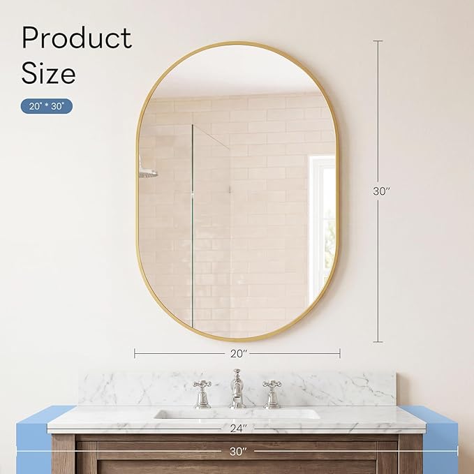 Sweetcrispy 20" x 30" Gold Bathroom Mirror for Wall, Oval Wall Mirrors with Metal Frame, Tempered Glass, Modern Vanity Mirror for Over Sink, Living Room, Bedroom, Entryway, Horizontal or Vertical