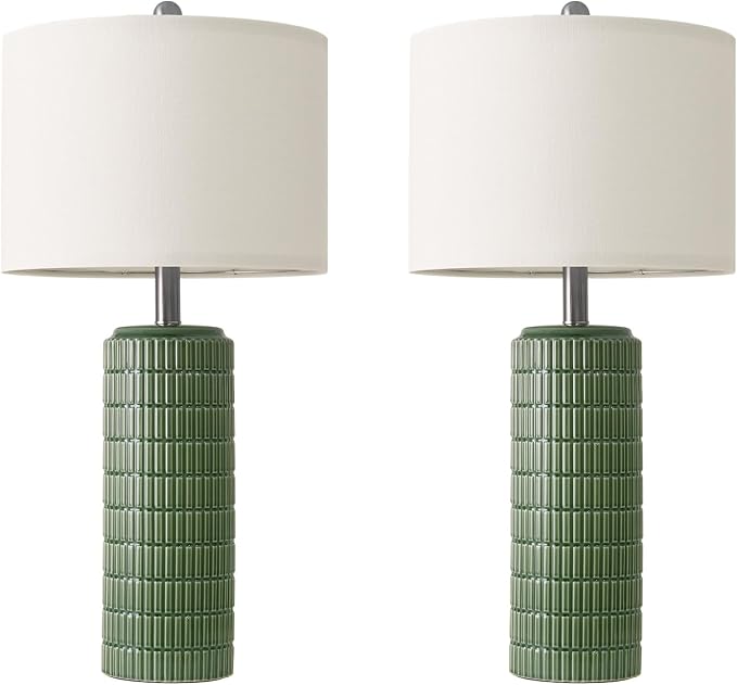 PoKat 27.5" Dark Green Ceramic Table Lamps for Living Room, Farmhouse Table Lamps Set of 2 for Bedroom Night Stands, Modern Bedside Lamps for End Side Table, Vintage Nightstand Decor Lamps Home Office
