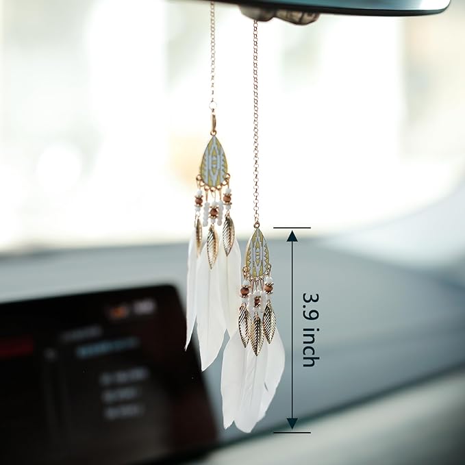 Mini Dream Catcher Car Interior Rearview Mirror Hanging Decor Nature Feather Small Boho Car Charms Pendant Accessories (New White)