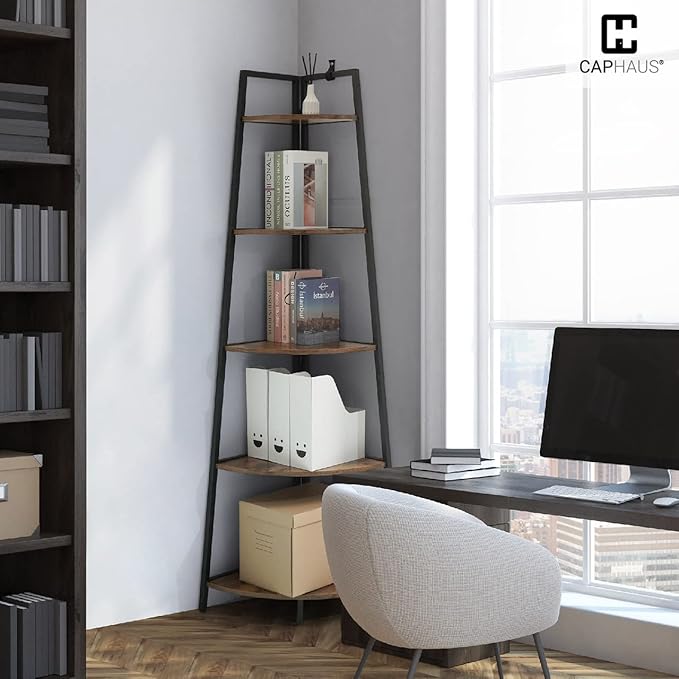 CAPHAUS Tall Corner Shelf Stand, 6-Tier Display Shelves, Ladder Corner Wood Storage Plant Bookshelf with Metal Frame, Versatile Shelving Unit Bookcase for Home Office Space, Rustic Oak
