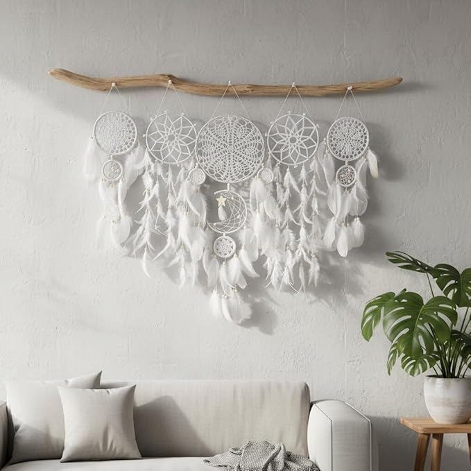 Dream Catchers Boho Wall Decor Macrame Wall Hanging Large Moon Phase Handmade Traditional Dream Catcher for Bedroom Adult Living Room Home Bohemian Decorations,Witchy Gifts(White Set)
