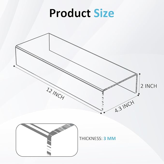 Sezanrpt Acrylic Shelf Riser 12x4.3x2 pack of 2, Clear Display Shelf 12” for Shoes, Glasses, Plants, Home Decors, Perfume, 12x4.3x2 Inch