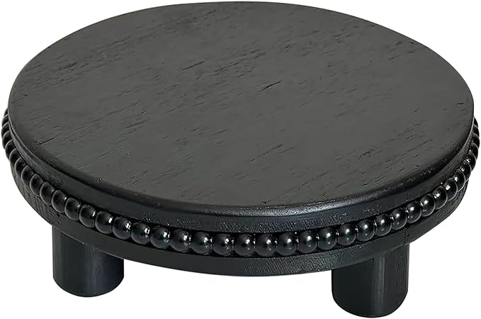dwellington Farmhouse Beaded Wood Tray Risers for Display, 7.6” Wooden Decorative Tray for Kitchen Home Decor, Display Pedestal Stand for Countertop, Black Round Wood Riser for Soap Dish
