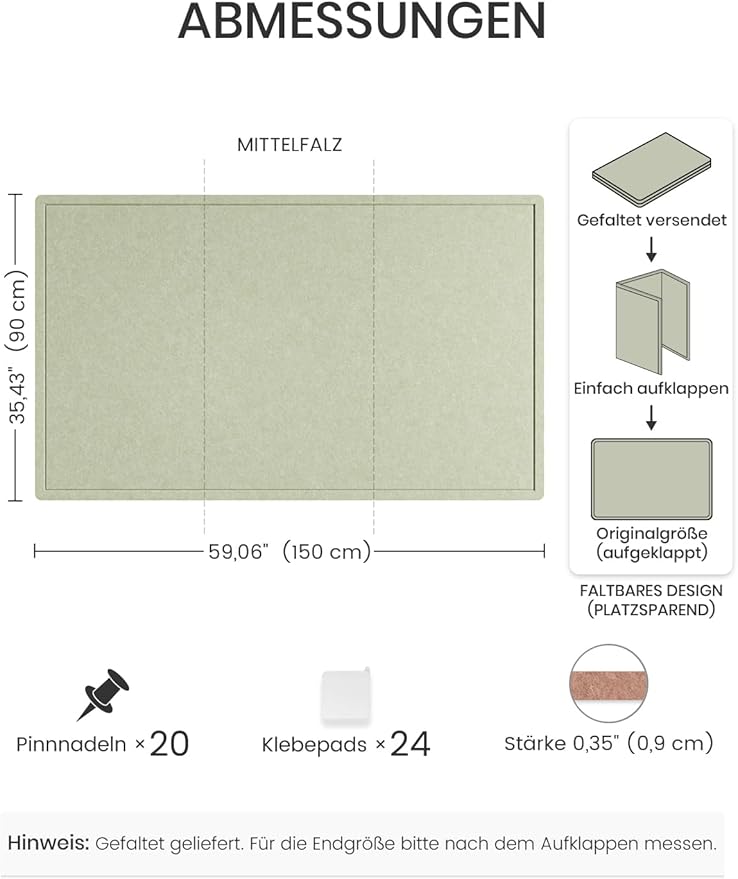 Fluxynara Large Bulletin Board, 59" x 35.4" Cork Board Alternative with 24 Safe Removable Adhesive Tabs, Foldable Felt Pin Board for Home Office, Classroom, Bedroom,Entryway for Walls—Sage