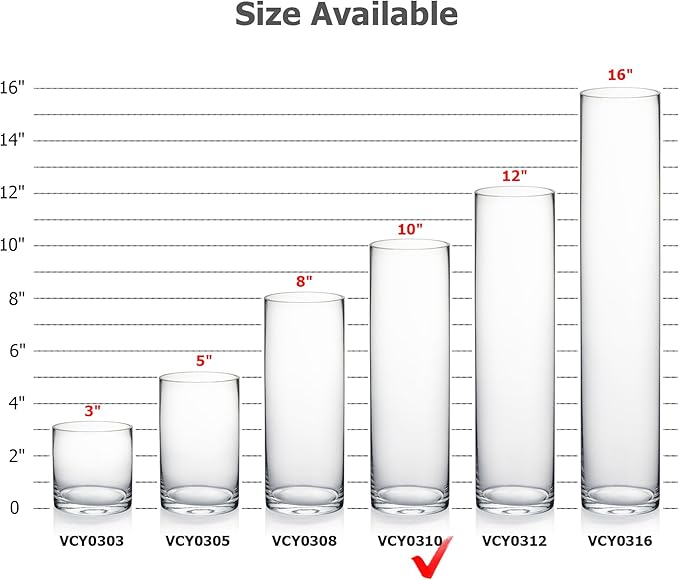 WGVI Quality Thick Weighted Clear Cylinder Glass Vases, 3" W x 10" H, Flower Bud Vase Skinny Narrow Floral Bouquet Container for Wedding Centerpieces Tabletop Pen Brush Holder, 1 Piece