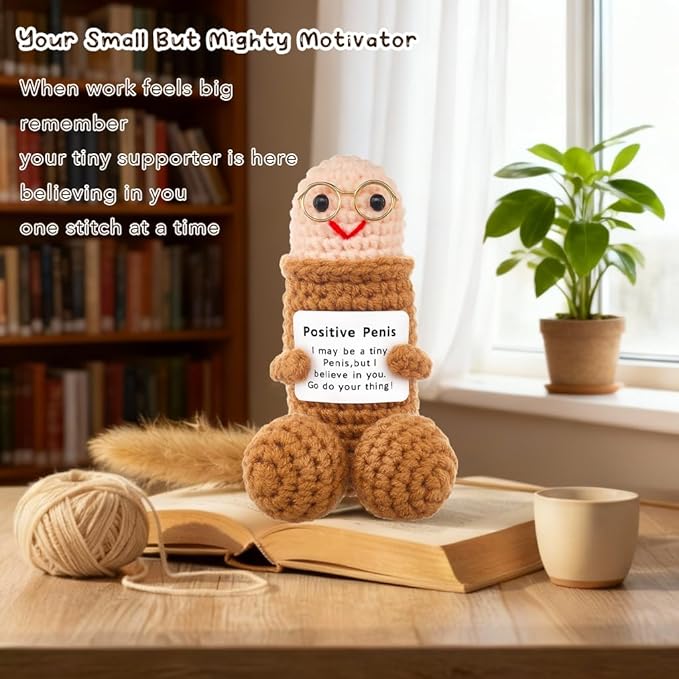 Funny Positive Crochet Animals Gag Doll Emotional Support Stuffed plushies for Adult Men Women,Weird Things Motivational White Elephant (Brown Doll with Glasses)