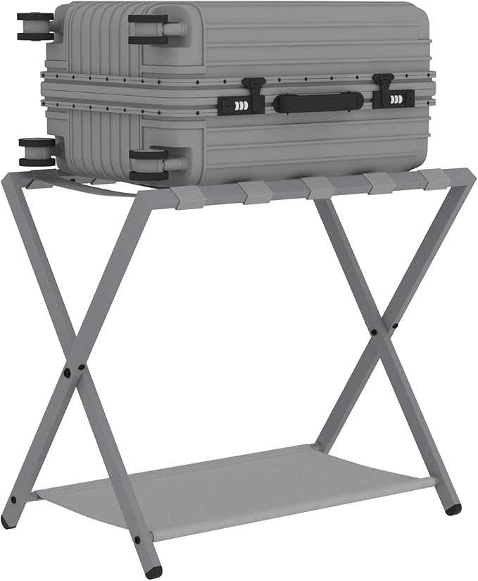 Luggage Rack, Folding Suitcase Stand for Guest, Foldable, Luggage Holders with Shelf, Steel Frame with Nylon Straps for Bedroom, Hotel, Holds up to 154 lb, Grey,1 Pack LR03899G