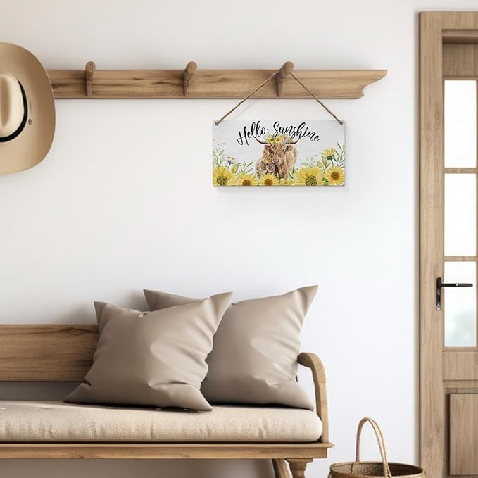 Mtrgdn Summer Sunflower Highland Cow Decor,Highland Cow Wood Wall Hanging Sign,Gifts for Western Cow Lovers,Rustic Wooden Hanging Sign for Farmhouse Kitchen Decor,12x6 Inch