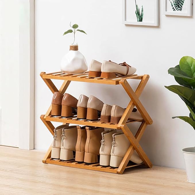 Bamboo Shoe Rack,Portable Folding Shoe Storage Rack,Without Installation Shoe Organizer for Corridors, Bedrooms and Other Spaces (3 Tier)