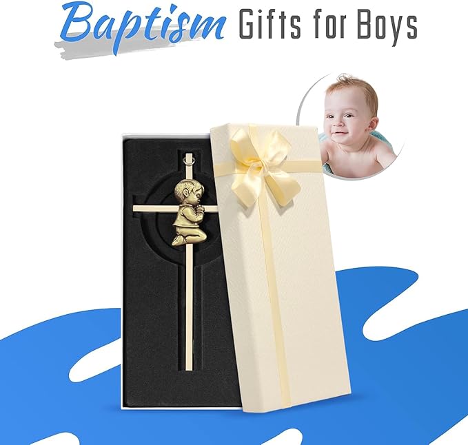 Tryuunion Baby Wall Cross Baptism Gifts for Boys and Girl, 7-inch Blessing Boy Baptism Crosses for First Holy Communion Christening and Dedication Baptismal Gifts (Gold Boy-7 in)