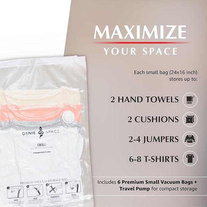 GENIE SPACE Premium Vacuum Storage Bags for Clothes, Bedding and Travel, Small Size 24x16 Inches, Airtight, Odor-Proof and Reusable Space Saver Bags with Double Zipper Seal, 6-Pack with Hand Pump
