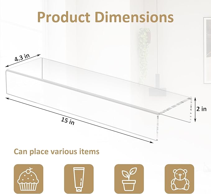 Acrylic Shelf Riser 15x4.3x2 pack of 2, Clear Display Shelf 10” for Figure, Cosmetics, Bags, Shoes, Toys, Collectibles, 15x4.3x2 Inch