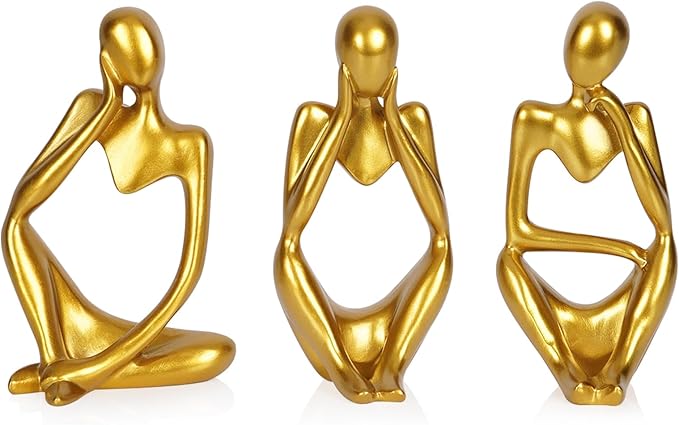 Sandstone Resin Thinker Style Abstract Sculpture Statue Collectible Figurines Home Office Bookshelf Desktop Decor (Small Gold, 3pcs)