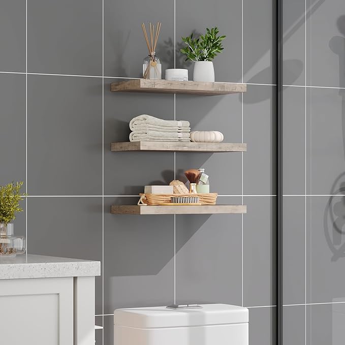 RALGEND Floating Shelves for Wall, 1.5" Thick Wall Shelf Set of 3 with Invisible Brackets, 15.7L x 7.9W Hanging Book Shelves Farmhouse Home Decor for Bathroom, Living Room, Bedroom, Greige 4301BJP3BG