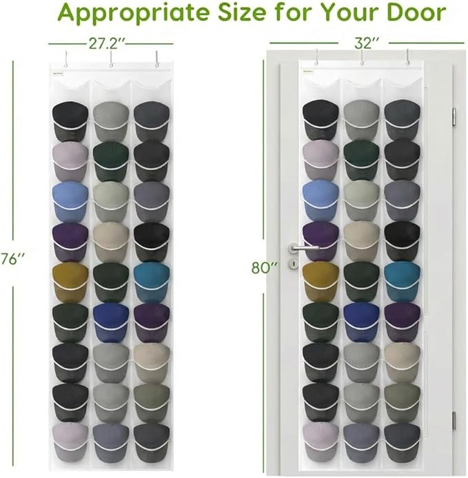 Unjumbly Baseball Hat Rack, 24 Pocket Over-The-Door Hat Organizer with Clear Deep Pockets to Display Baseball Caps Collection, Complete with 3 Over Door Hooks (White, 30 Pockets)
