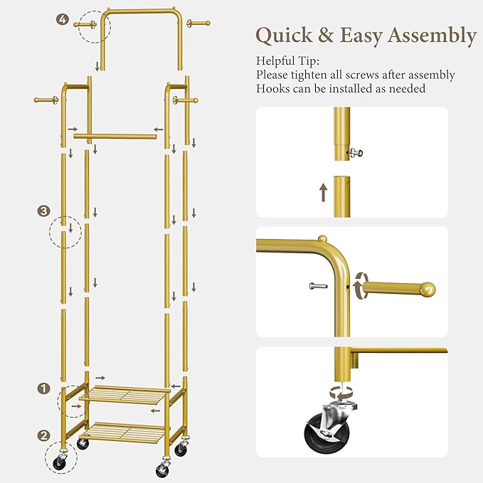 Chrislley Clothes Rack with Wheels, 71" Portable Clothing Rack with 2 Shelves and 4 Hooks, Small Rolling Garment Rack, 4 Hanging Rods Metal Coat Rack for Bedroom, Apartment, Entryway, Gold