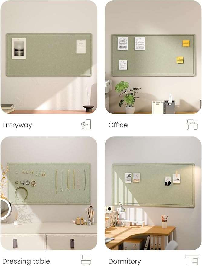 Fluxynara Bulletin Board, 35" x 17.5" Cork Board Alternative with 12 Safe Removable Adhesive Tabs, Foldable Felt Pin Board for Home Office, Classroom, Bedroom,Entryway for Walls—Sage