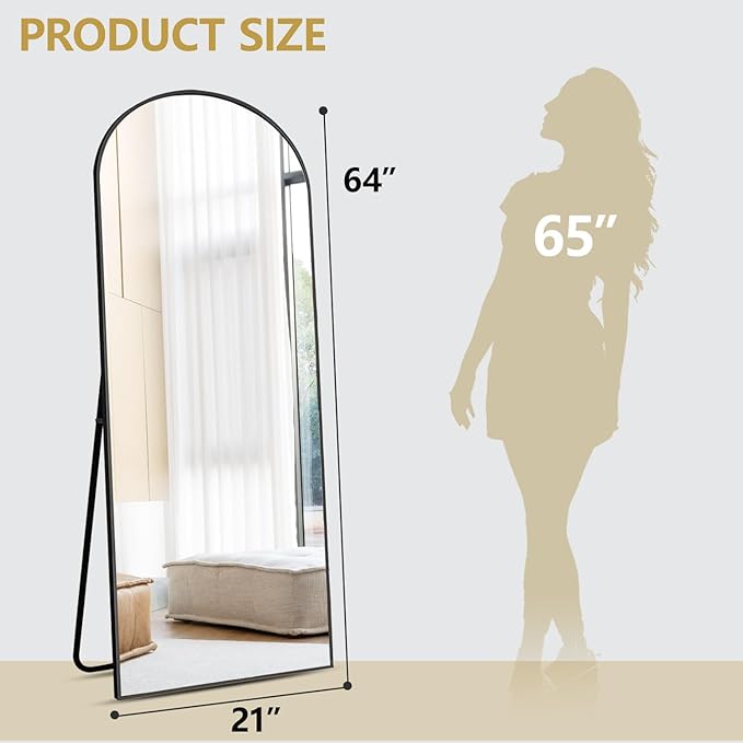 Prywot Arched Floor Mirror, 64 "x 21" Full Length Mirror Wall Mirrors Hanging or Leaning Arched-Top Full Body Mirrors with Stand for Bedroom, Dressing Room, Black