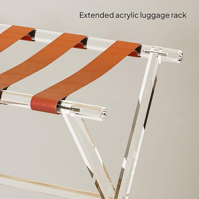 Sumerflos Acrylic Luggage Rack for Guest Room - Foldable Suitcase Stand with Leather Straps for Bedroom Living Room Hotel Heavy-Duty, Holds up to 50-100 lb lightweight Space Saving (Orange & Handle - 1 Pcs)