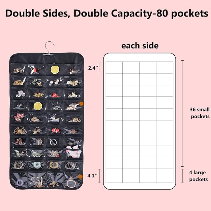 Bloss Hanging Jewelry Organizer and storage for Closet With 80 Pockets,Earring Organizer Hanging Holder Storage for Women Gift,Jewelry Organizer for Closet, Wall, Door-Black