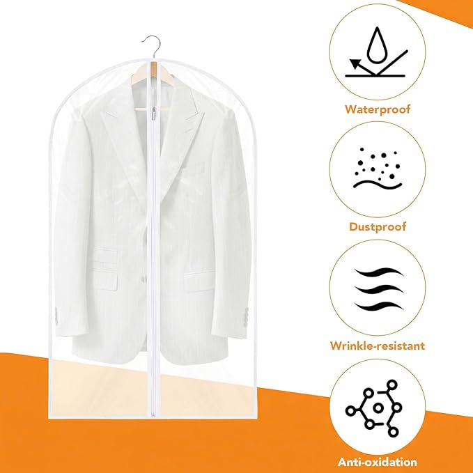 12 Pack Garment Bags 60 * 100cm, 40in PEVA Translucent Garment Covers, Suit Storage Bags, Dress Organizer Bags Used To Protect Shirts, Winter Coats, Jackets（White Edge）