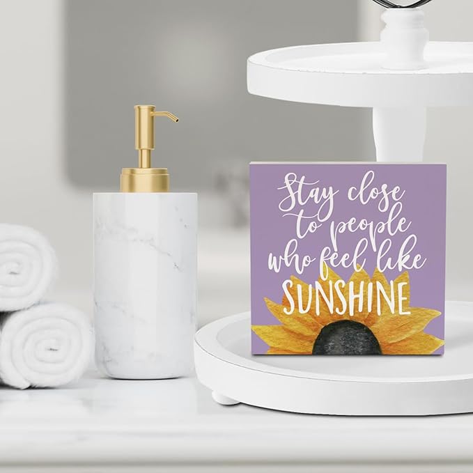 Sunflowers Purple Room Decor Sunflower Gifts for Women Spring Decor Purple Accessories Sunflower Wooden Box Sign for Home Office Desk Tabletop Shelf