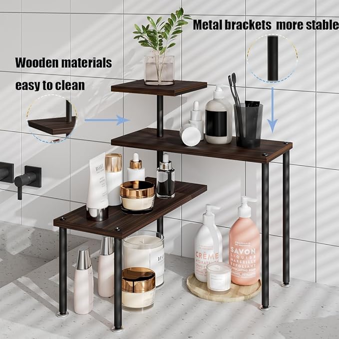 Countertop Organizer Organization 3 Tier Kitchen Corner Shelves Adjustable Spice Storage Rack for Bathroom Coffee Area Over Sink (Black Oak)