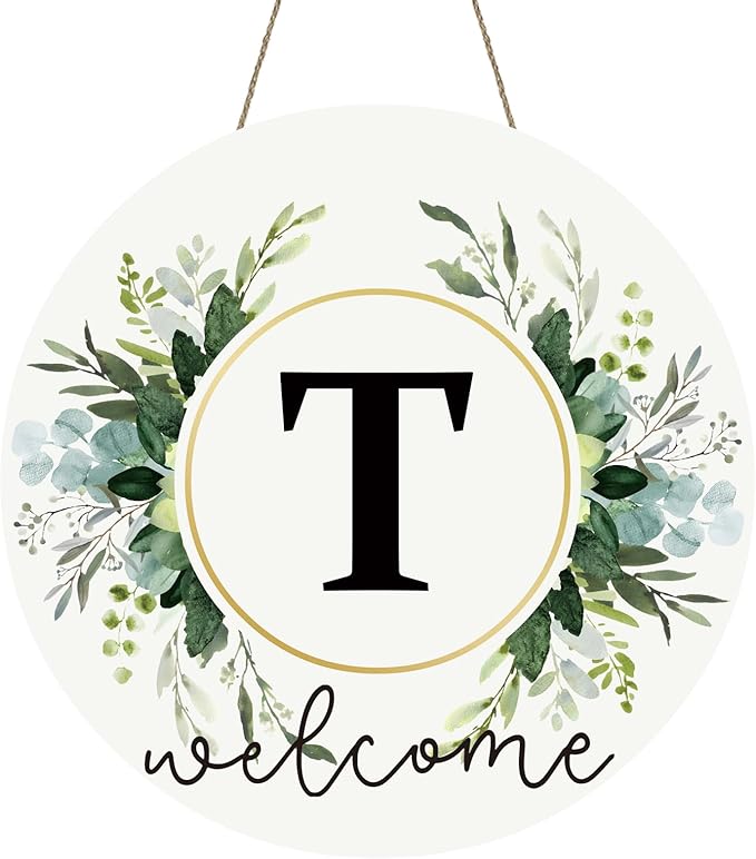 Monogram Letter T Wreaths for Front Door Wreath Wooden Welcome Sign for Front Door Decor Floral Family Last Name Initial House Warming Spring Summer Porch Rustic Wall Home Kitchen Boho Decorations