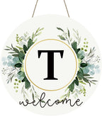 Monogram Letter T Wreaths for Front Door Wreath Wooden Welcome Sign for Front Door Decor Floral Family Last Name Initial House Warming Spring Summer Porch Rustic Wall Home Kitchen Boho Decorations