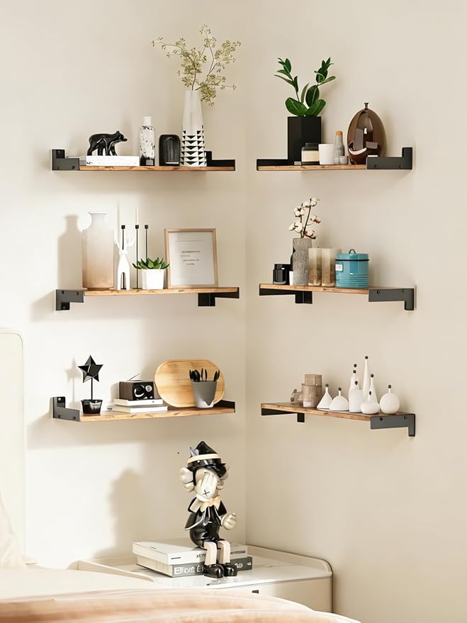 Floating Shelves for Wall, Shelves for Decor Storage Set of 6, Wall Mounted Wood Shelf for Bedroom, Living Room, Bathroom, Kitchen,Long Picture Ledge Shelves. (Brown)