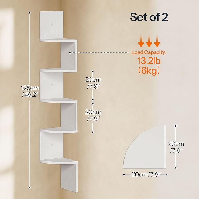 HOOBRO Corner Shelf Wall-Mounted, Set of 2 Floating Corner Shelves for Wall, 5-Tier Corner Bookshelves for Living Room, Bedroom, Bathroom, Home Office, White WT26BJP201