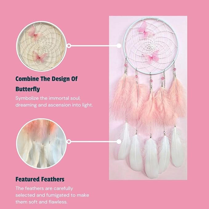 Pink Butterfly Dream Catcher Wall Decor, Girls DreamCatchers Wall Hanging Ornaments for Bedroom Home Decor Festival Gift