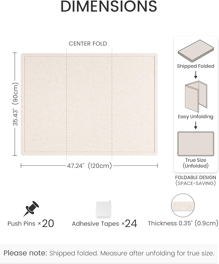 Fluxynara Large Bulletin Board, 47.2" x 35.4" Cork Board Alternative with 24 Safe Removable Adhesive Tabs, Foldable Felt Pin Board for Home Office, Classroom, Bedroom,Entryway for Walls—Oatmeal